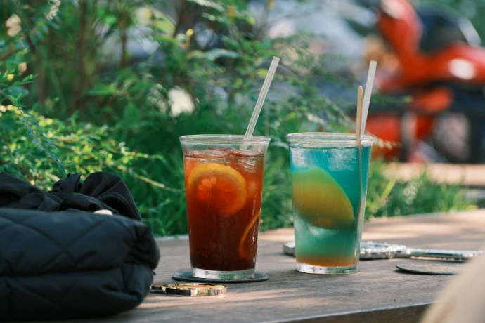 Two refreshing drinks with citrus garnishes.